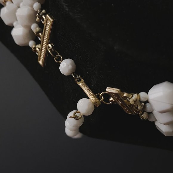 Vintage Hong Kong White Gold Square Chunky Beaded Layered Multi Strand Necklace - Picture 7 of 12